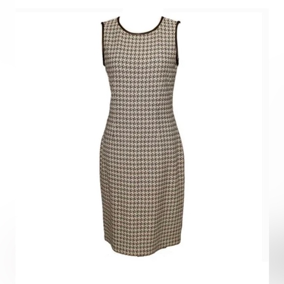 St. John Houndstooth Leather Trim Wool Shift Dress, size 12 - Picture 3 of 14